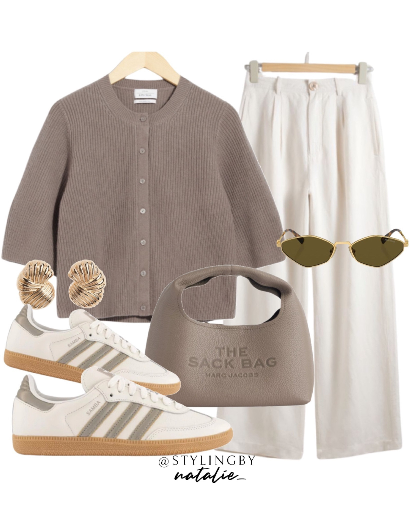 Merino wool cardigan in taupe, relaxed linen trousers, adidas samba trainers, Marc jacobs sack bag, Miu Miu sunglasses and gold earrings.
🏷️Neutral outfit, beige outfit, casual work outfit, office look, smart casual, workwear.

#LTKstyletip #LTKworkwear #LTKmodest