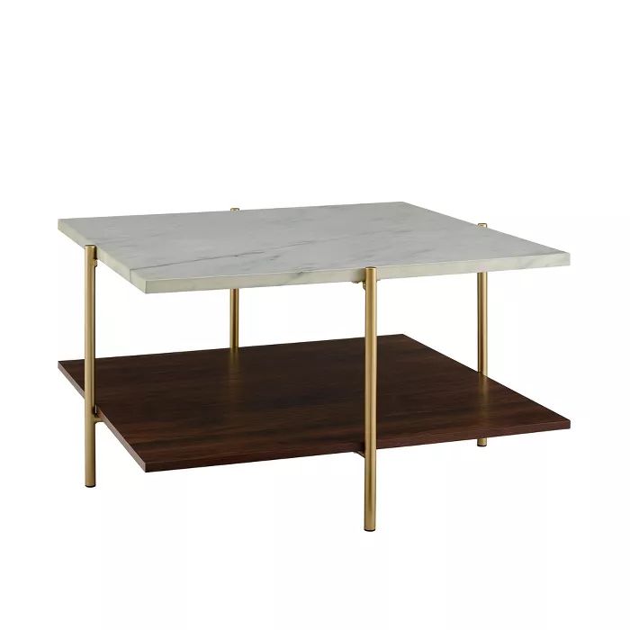 Mid Century Modern Glam Square Coffee Table Faux White Marble Dark Walnut/Gold - Saracina Home | Target