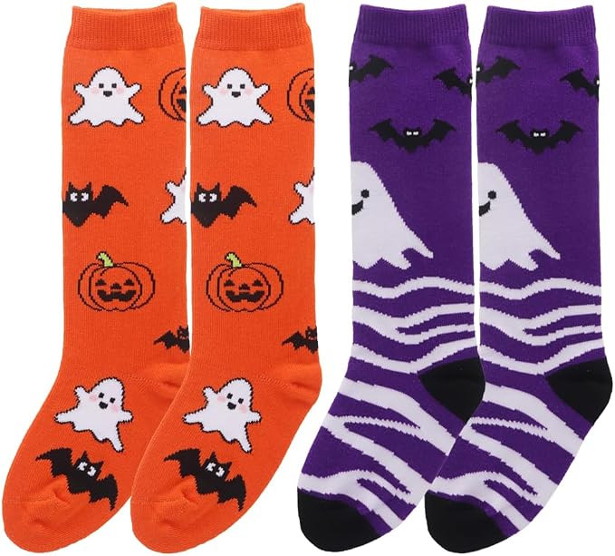 Halloween Socks for Girls Boys Toddlers, Orange Purple Knee High Halloween Socks with Cute Pumpki... | Amazon (US)