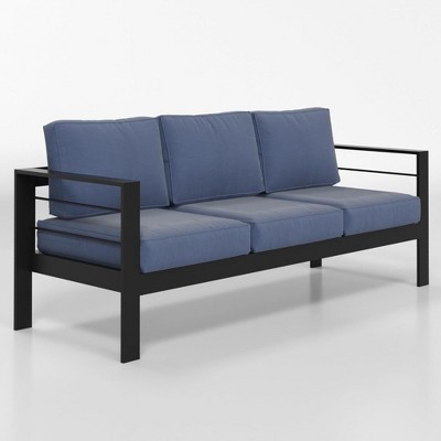 73" All-Weather Aluminum Patio Sofa, 3 Seat Outdoor Couch with Thick Blue Cushions & Black Frame | Target