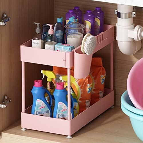 Under Sink Organizer, Under Bathroom Cabinet Storage 2 Tier Under Sink Storage Rack with 6 Hooks,... | Amazon (US)