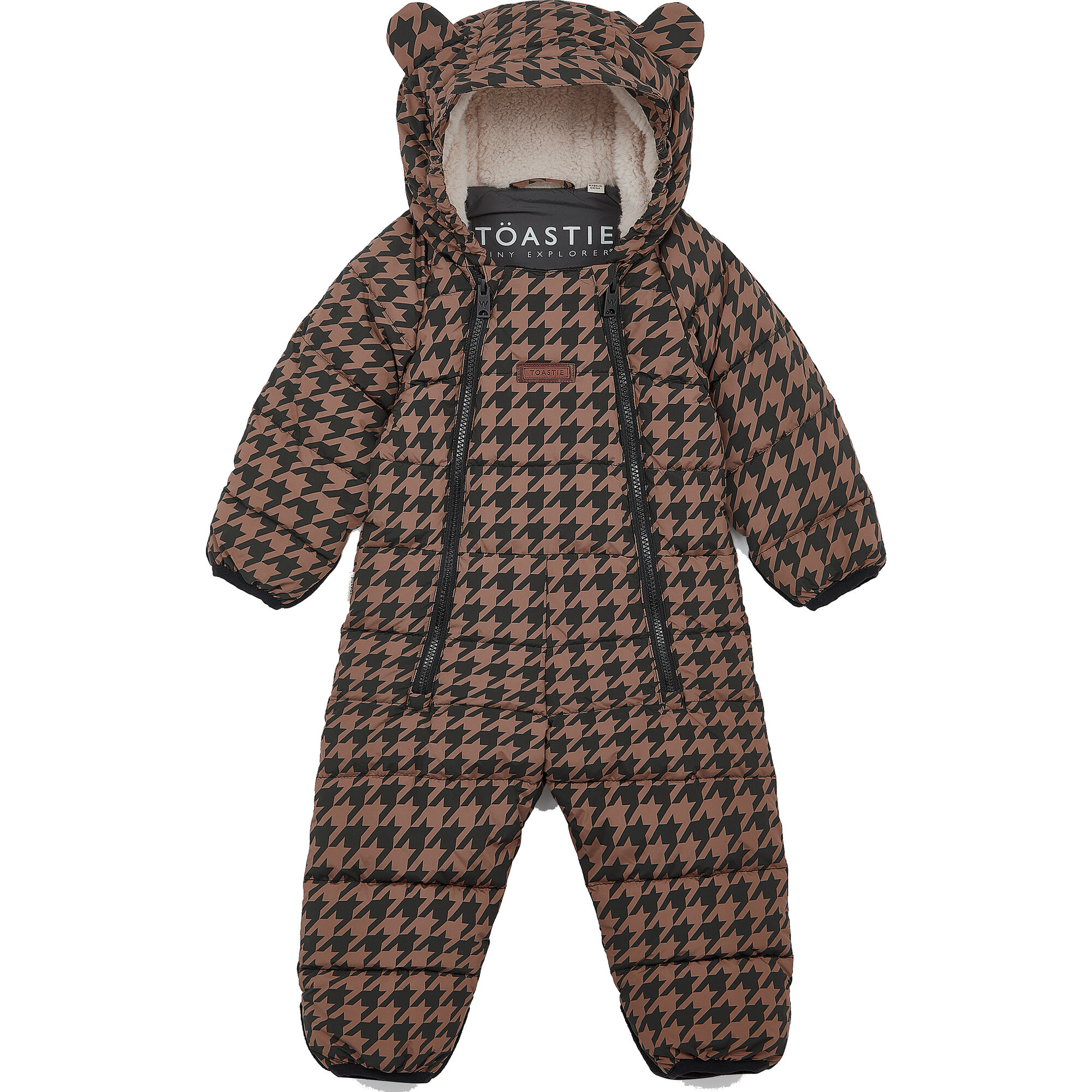 Cloud Eco-Down Fill Quilted Double Zipper Hooded Pramsuit, Toffee Houndstooth | Maisonette