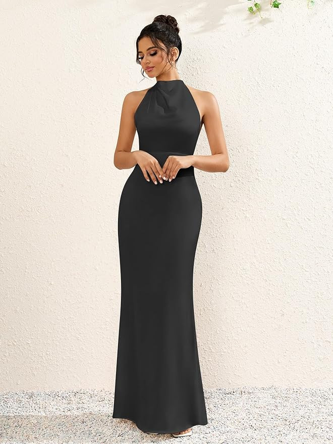 KUTUMAI Satin Slik Maxi Dress Mock Neck Backless Formal Cocktail Dresses for Women 2024 Wedding G... | Amazon (US)