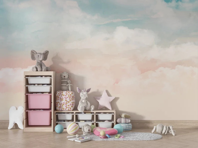 Kids Pastel Sky Cloud Wallpaper | Soft Watercolor Sky Wall Mural | Peel and Stick | Etsy (Global)