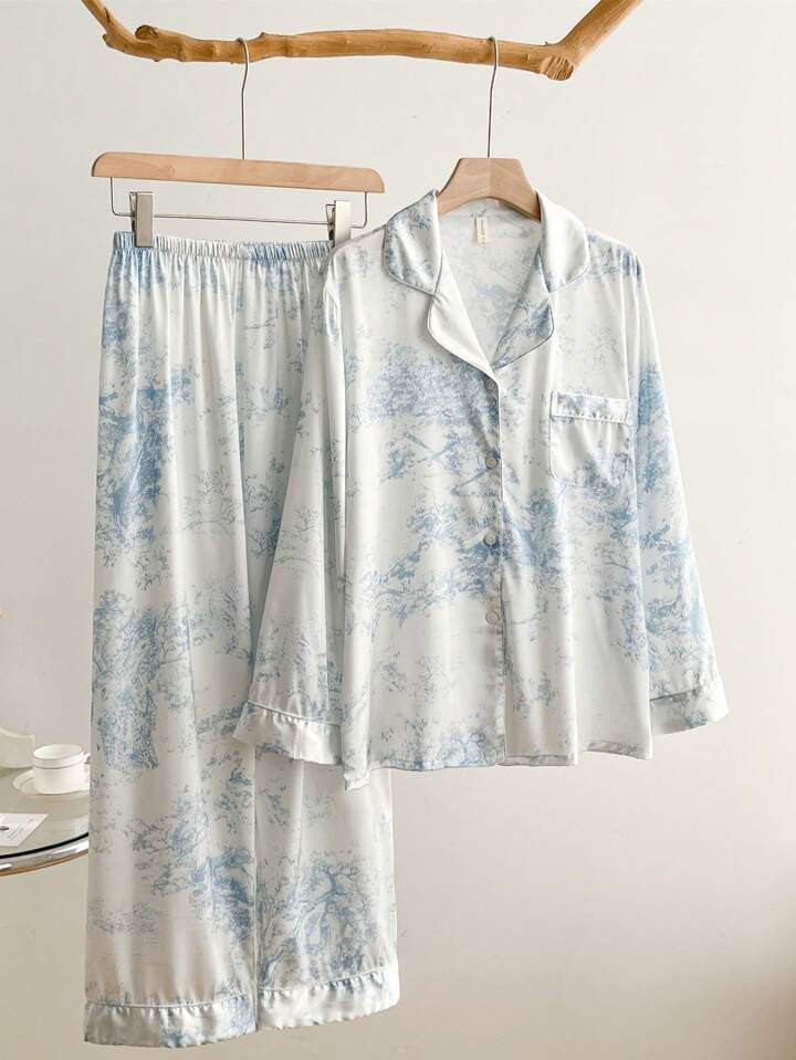 Women's Plant Printed Color Block Piping Long Sleeve Pajama Set With Long Pants | SHEIN