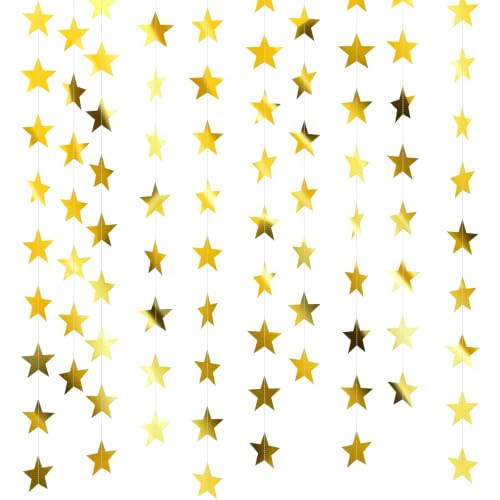 5Pcs Gold Star Garland Decorations, 66 Feet Double Side Glitter Star Hanging Streamers for Graduation, Paper Stars Banner Twinkle Backdrop for Birthday Wedding Engagement Party Classroom Decor | Amazon (US)