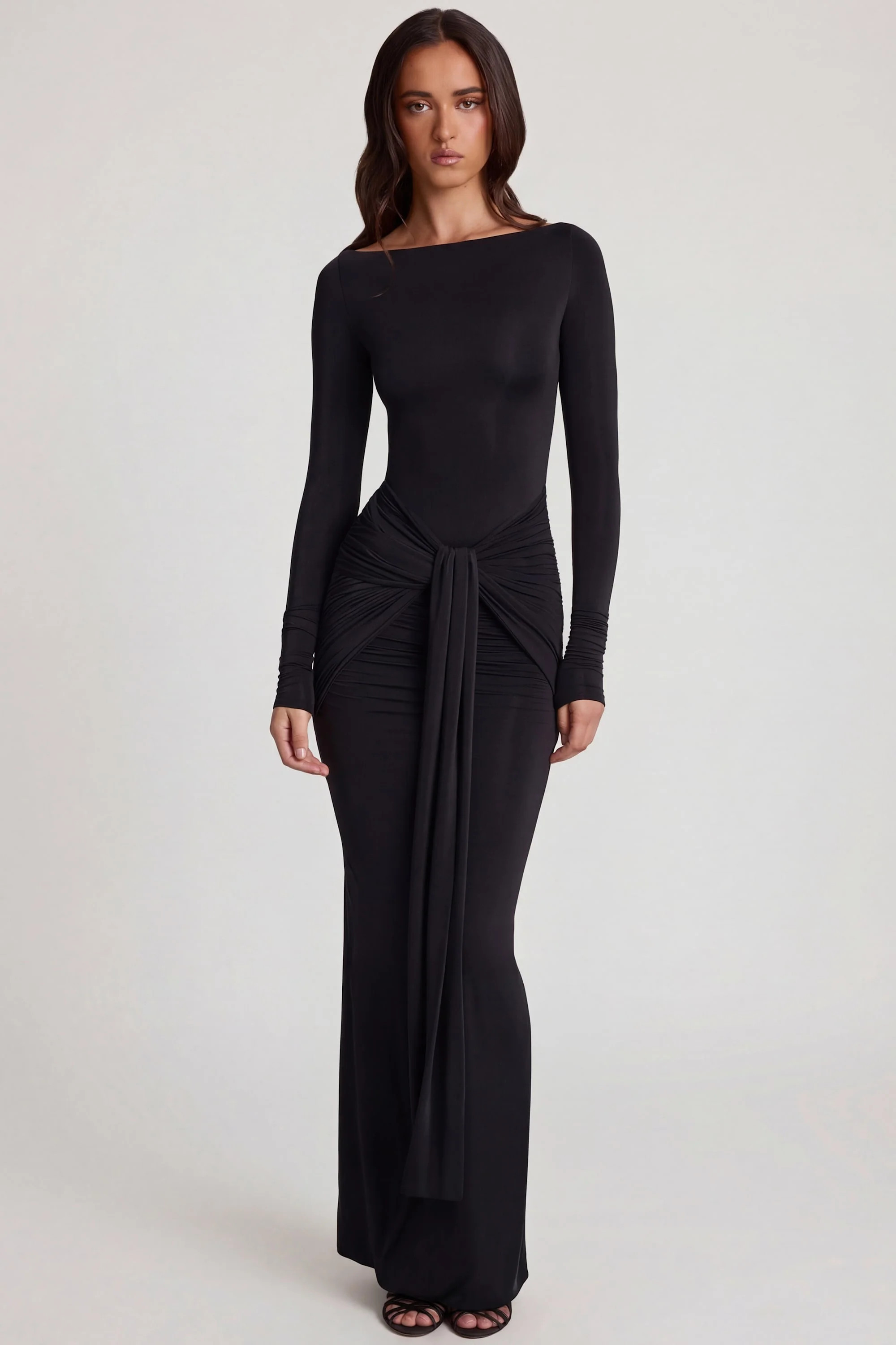 Soft Jersey Boat-Neck Tie-Gather Maxi Dress in Black | Oh Polly