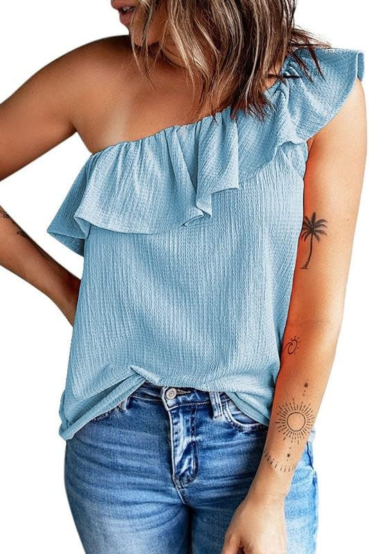 Dokotoo Womens One Shoulder Tops Ruffled Solid Tunic Shirts Sleeveless Loose Tank Top | Amazon (US)