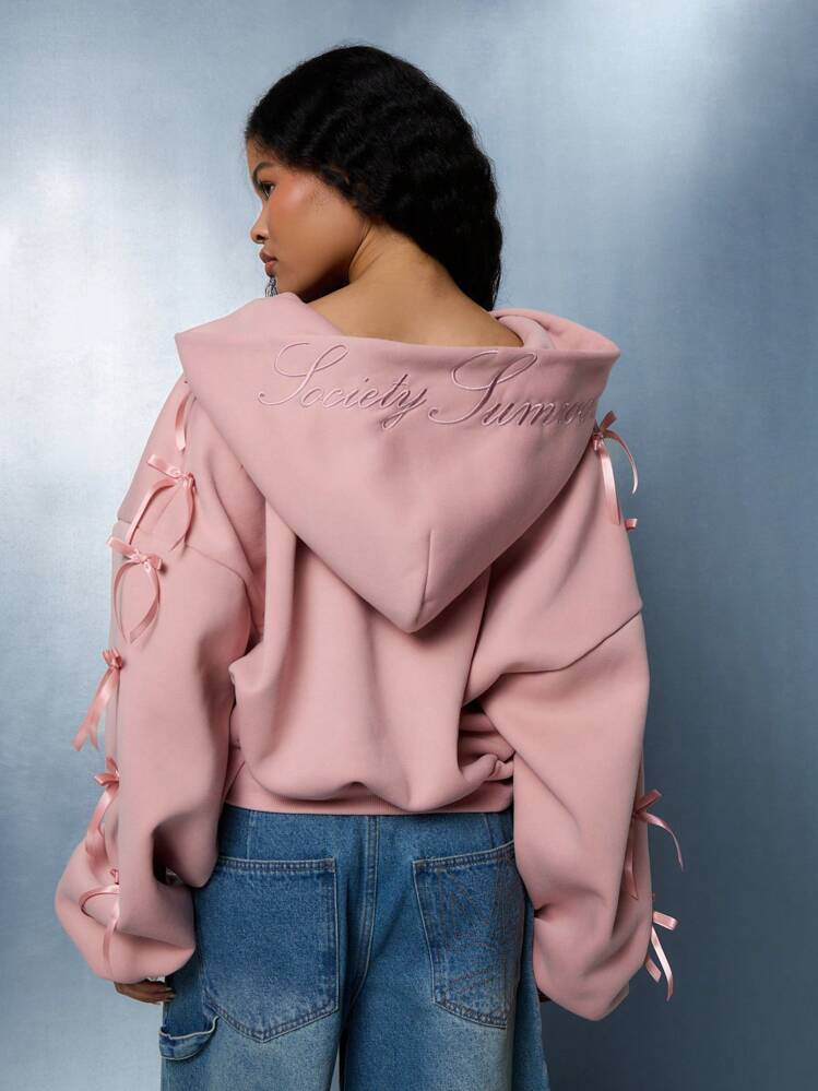 SUMWON WOMEN Society Summer Cropped Hoodie Met Lintmouwen, Geborduurd Logo, Rits Aan De Voorkant, Sweatshirt Met Strikdetail, Herfst/Winter Streetwear, Casual Sportkleding | SHEIN