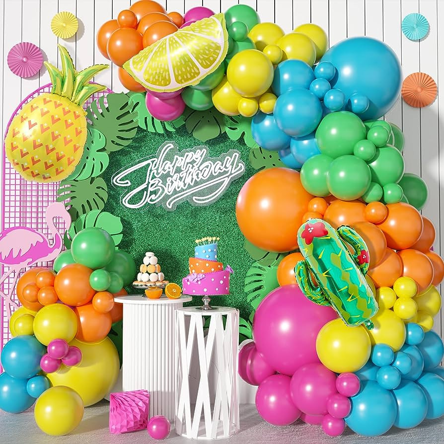 Tropical Balloon Arch Kit, Hawaiian Hot Pink Green Orange Balloon Garland with Pineapple Cactus L... | Amazon (UK)