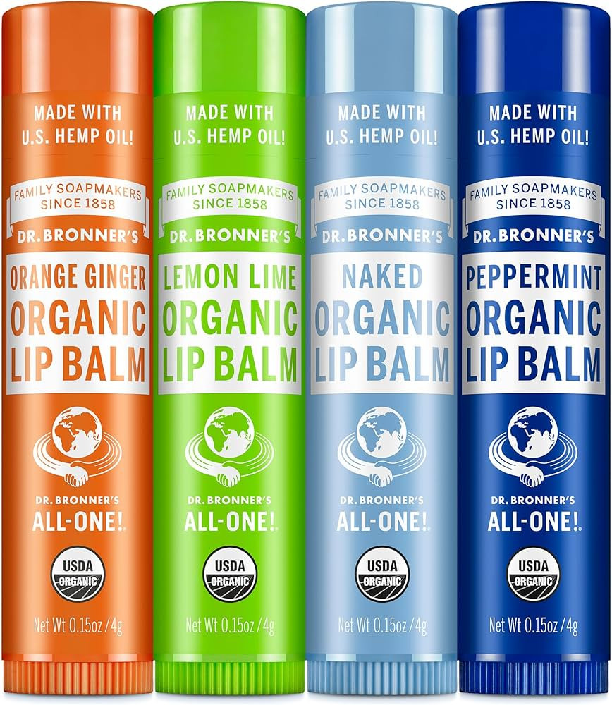 Dr. Bronner's - Organic Lip Balm Variety Peppermint, Orange Ginger, Naked, Lemon Lime) - Made wit... | Amazon (US)