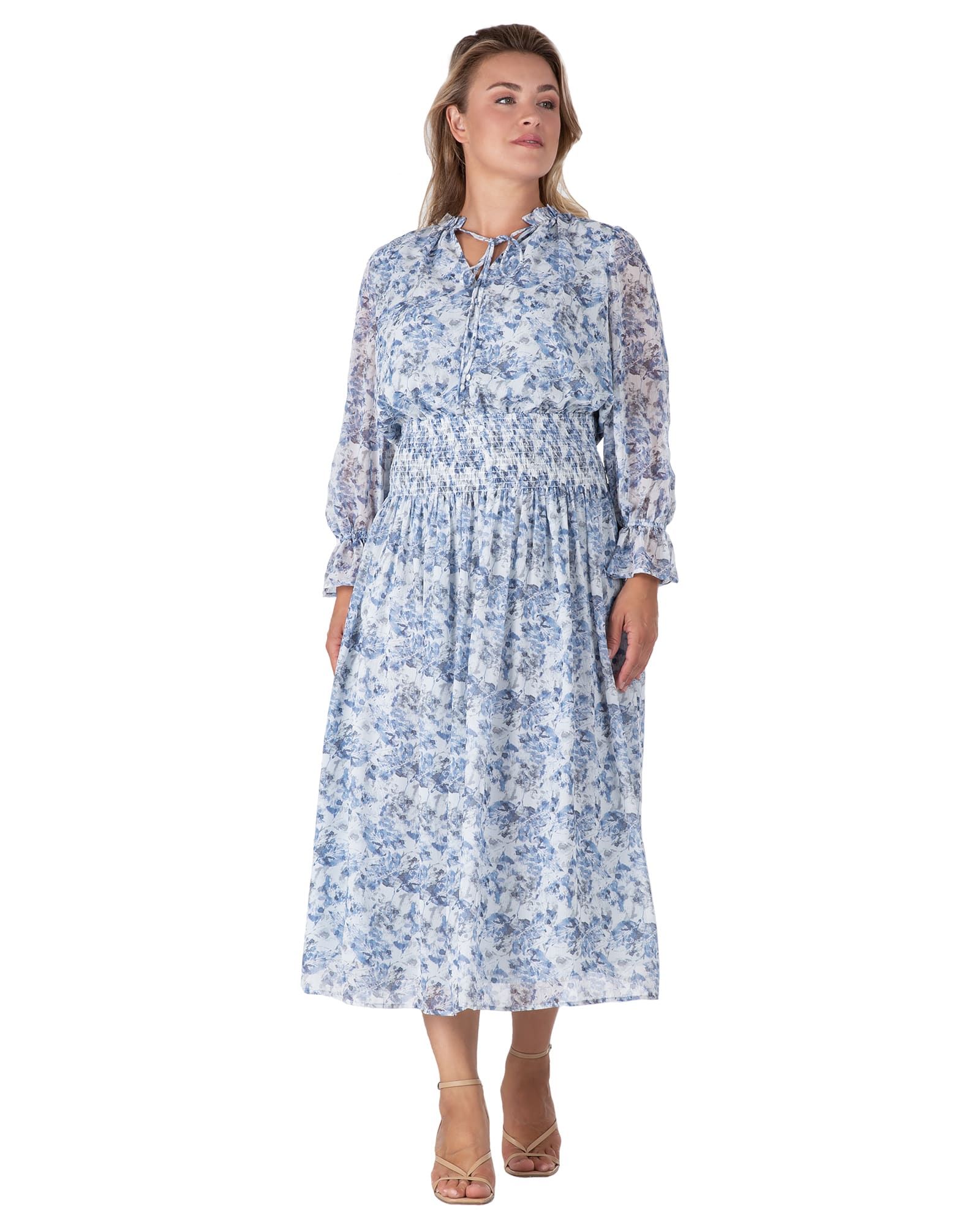 Women's Floral Print Long Ruffle Sleeve Maxi Dress | Blue White Print | Dia & Co