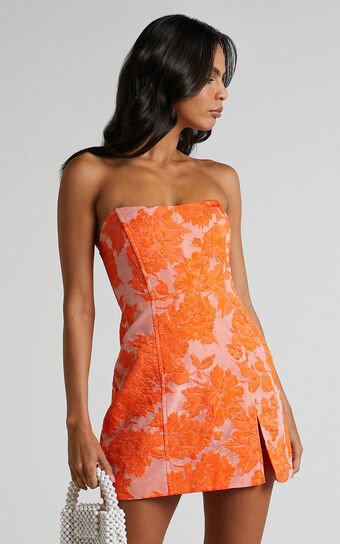 Brailey Mini Dress - Strapless Dress in Orange Jacquard | Showpo (US, UK & Europe)