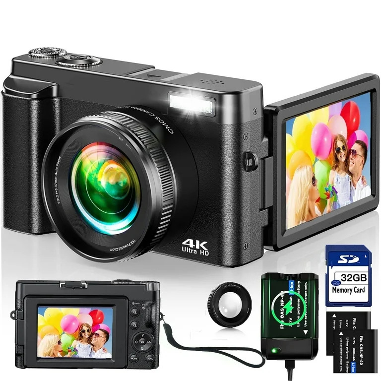 Digital Camera 4K Vlogging Camera for Youtube Autofocus with 32GB SD Card,180°Flip Screen 16X Di... | Walmart (US)
