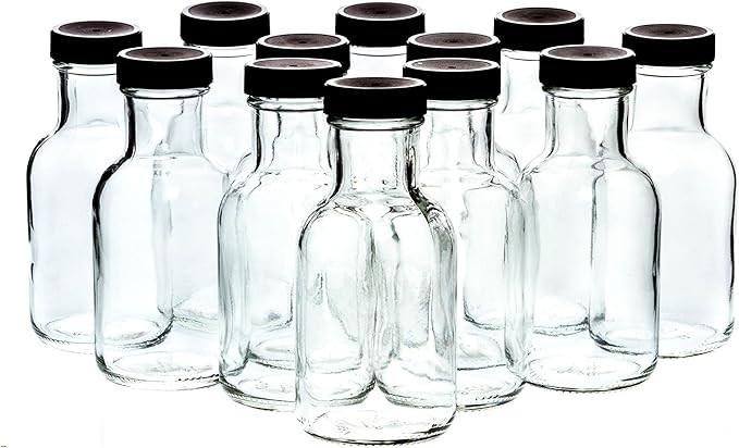 Set of 8oz Glass Bottles with Black Plastic Caps | Reusable Stout Flint Glass Bottles with Lids f... | Amazon (US)