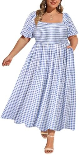 RITERA Plus Size Dresses for Curvy Women Square Neck Short Sleeve Summer Floral Smocked Maxi Dres... | Amazon (US)