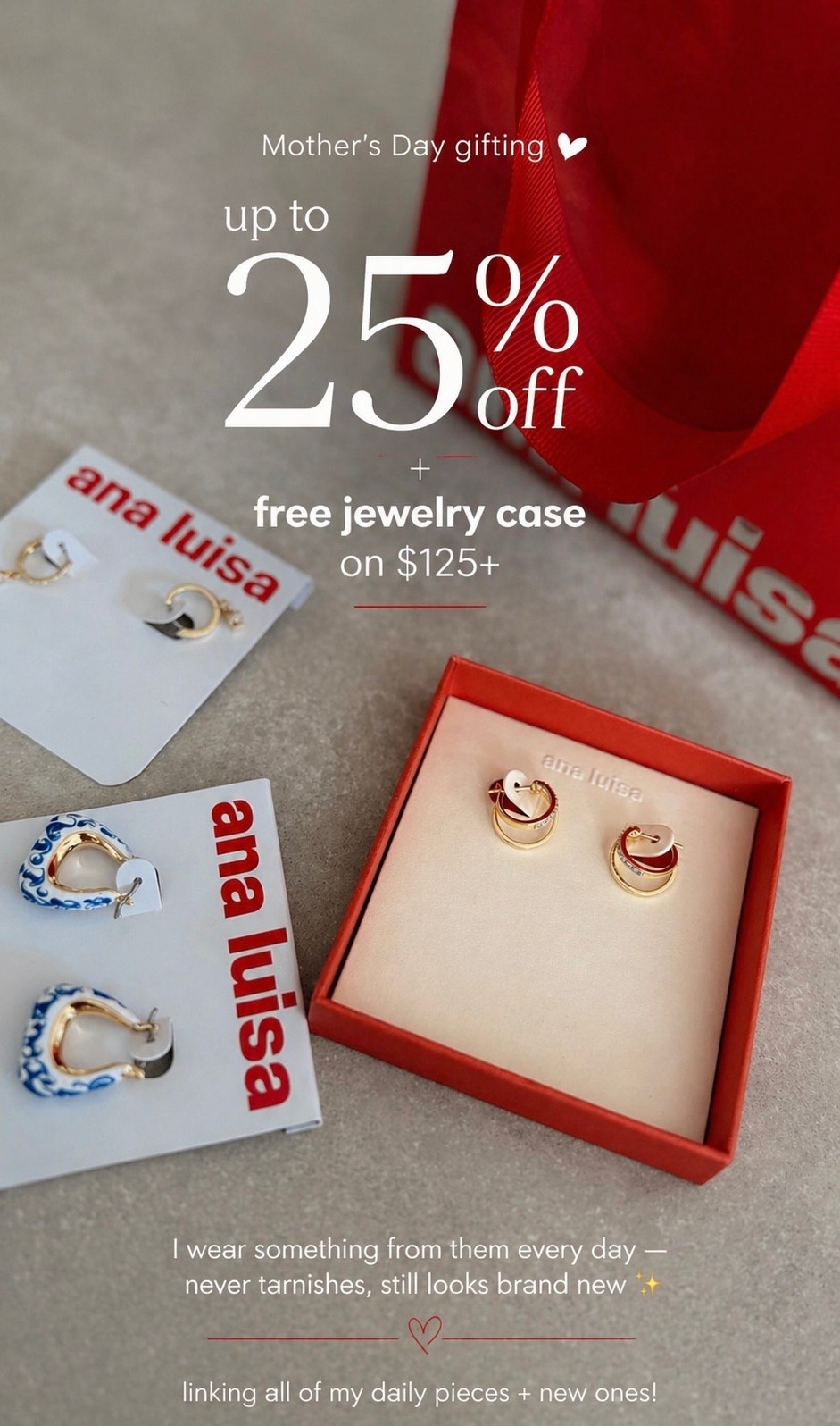 my everyday jewelry that I never take off ✨no tarnishing, still looks brand new — I wear something from them daily!!! Graduations too! 

their Mother’s Day sale is live: up to 25% off + free jewelry case on $125+
•linking my go-to pieces + a few new favorites 🤍! 

@analuisany #analuisany #AnaLuisaAmbassador #BestDeal #ad

#LTKBeauty #LTKMothersDay #LTKSaleAlert