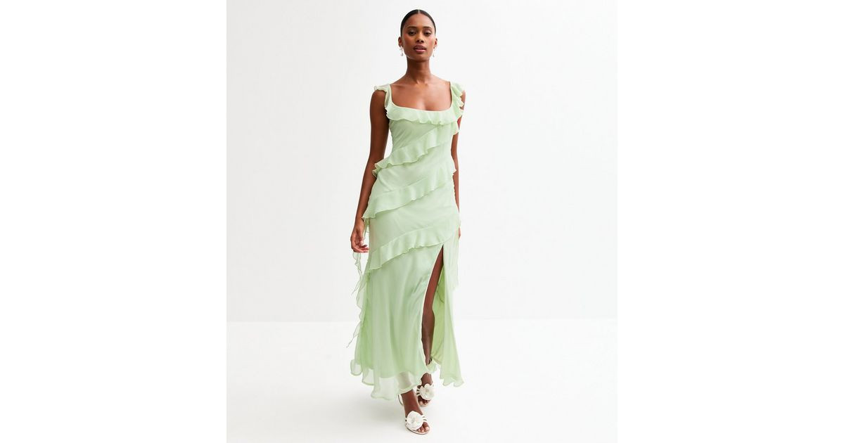 Light Green Asymmetric Ruffled Slit Hem Chiffon Midi Dress | New Look | New Look (UK)
