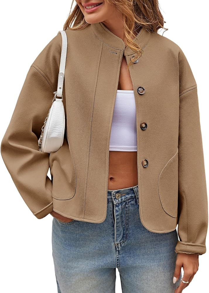 Tankaneo Womens Short Pea Coats Oversized Long Sleeve Button Down Casual Bomber Jackets with Pock... | Amazon (US)