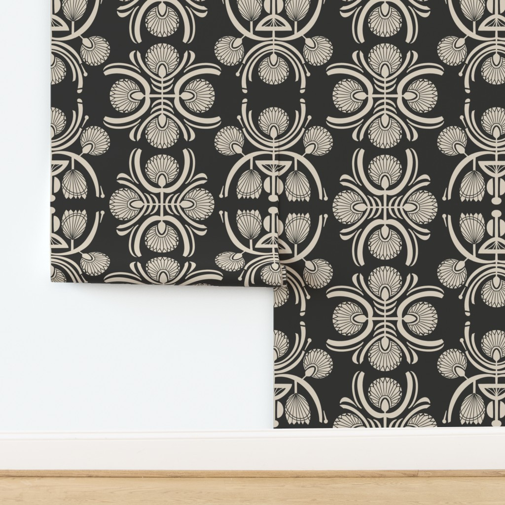Tribal Sun Protea Block Print Tile  - Monochrome Charcoal and warm beige | Spoonflower