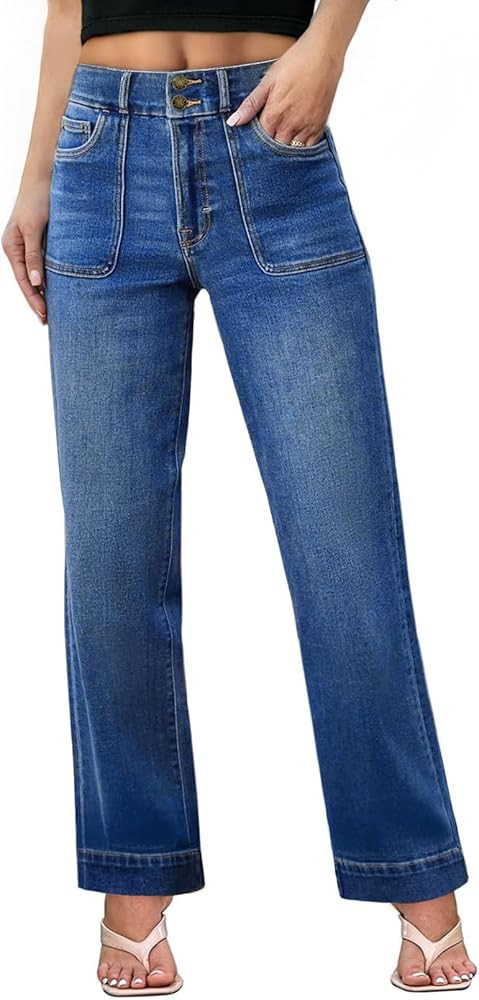 SIDEFEEL Women's High Waisted Straight Leg Jeans Stretchy Tummy Control Wide Leg Denim Pants Fall... | Amazon (CA)