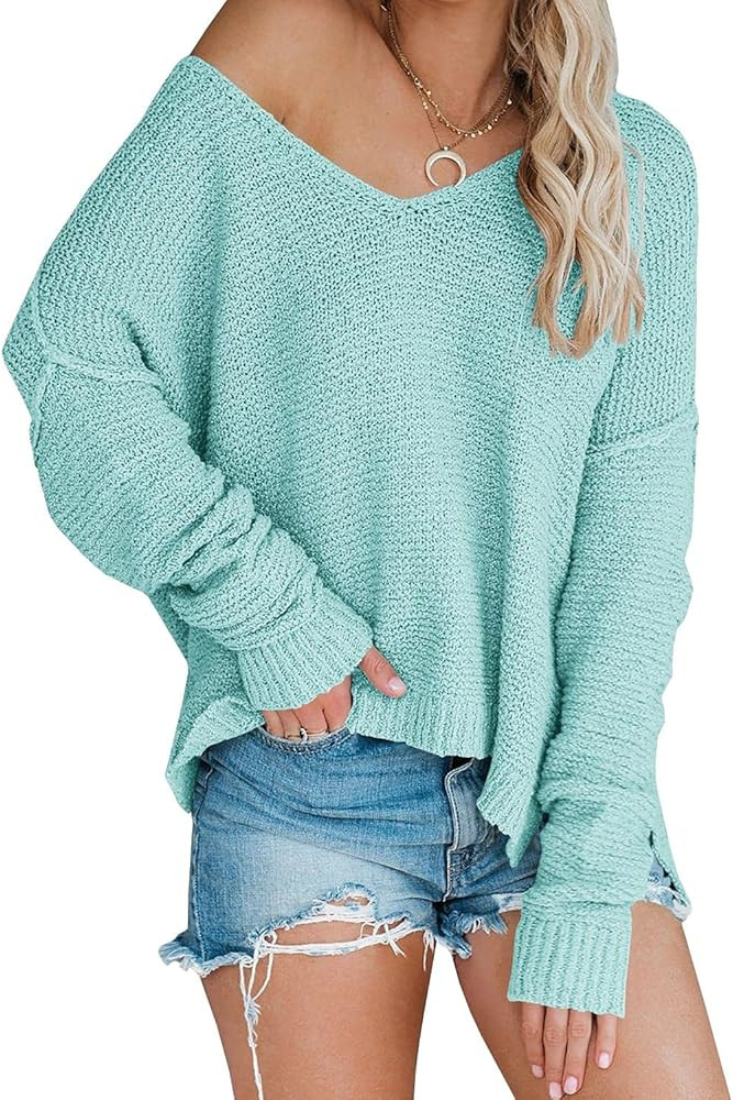 Women’s Off Shoulder Knit Sweaters Oversized V Neck Long Sleeve Loose Lightweight Pullover Tops | Amazon (US)