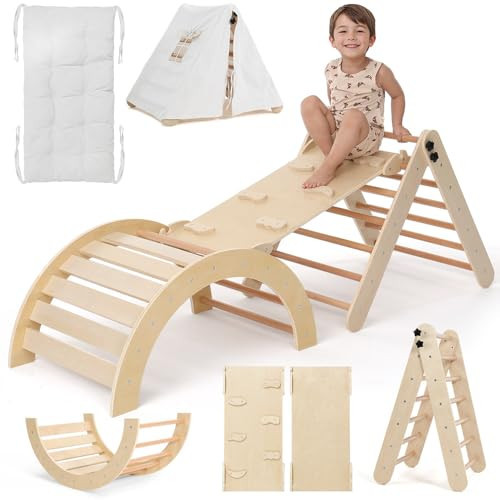 Pikler Triangle Set with Cushion, 8-in-1 Toddler Climbing Toys Indoor, Wooden Montessori Climbing Set with Arch Ramp,Ladder&Tent Cloth, Baby Indoor Climber Jungle Gyms for Toddlers Toy, Natural | Amazon (US)
