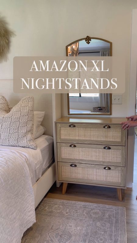 Large Amazon rattan cane nightstand. White upholstered Amazon bed. 

#LTKhome #LTKVideo #LTKsalealert