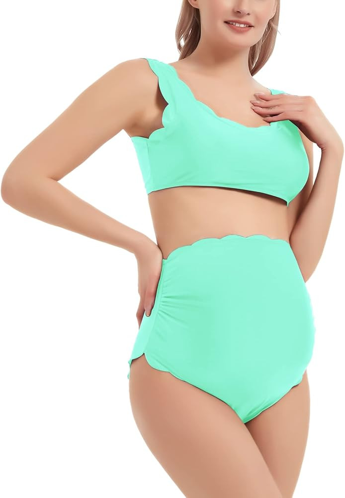 GINKANA Maternity Bikini Set Two Piece Scalloped Bathing Suits Back Lace-up Maternity Swimsuits H... | Amazon (US)