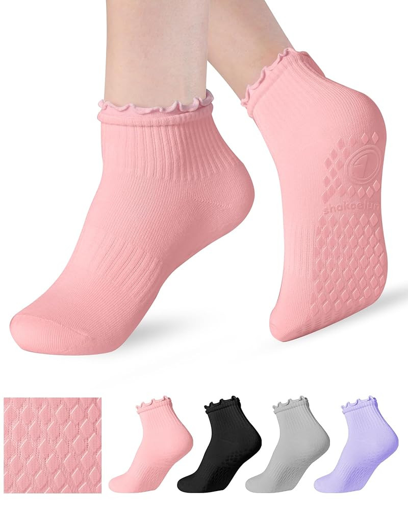 Non Slip Grip Yoga Socks for Women Breathable Cute Ruffle Ankle Socks for Yoga, Pilates, Barre Wo... | Amazon (US)
