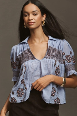 By Anthropologie Short-Sleeve Embroidered Swing Top | Anthropologie (US)