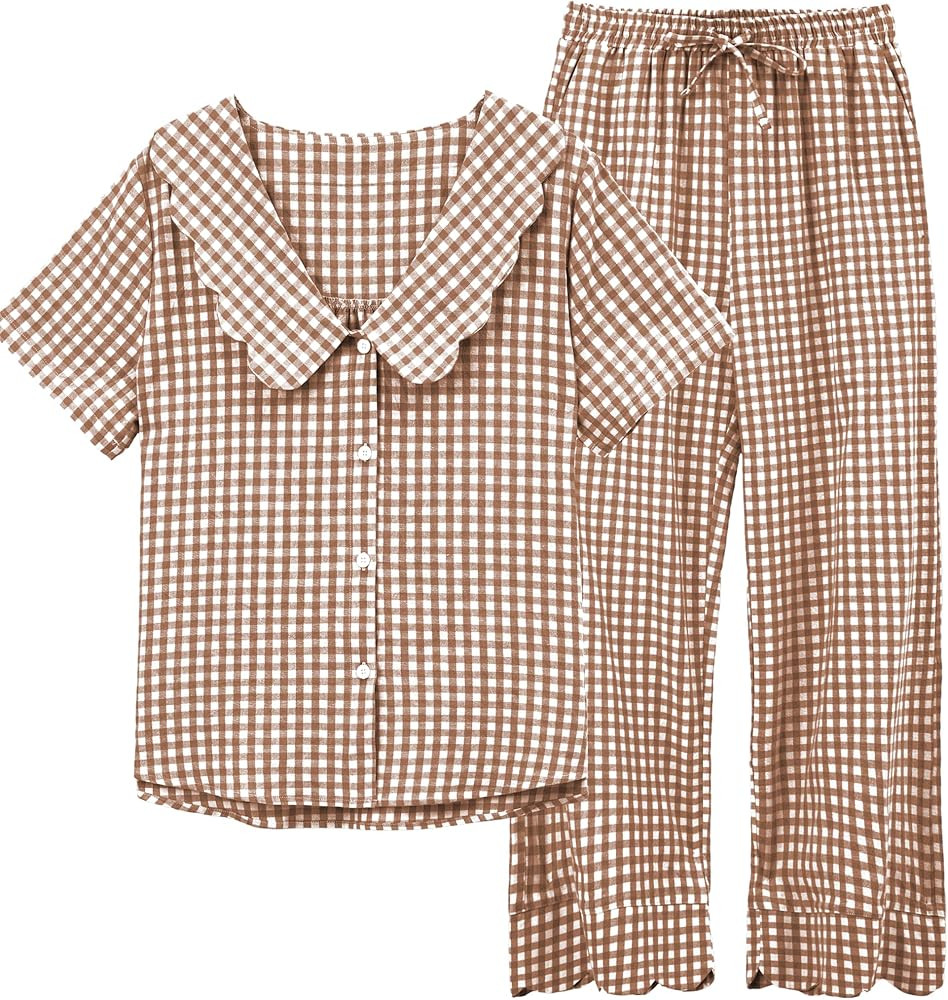 Tanming Womens Gingham 2 Piece Pajamas Sets Puff Sleeve Babydoll Shirt Ruffle Pants Pj Lounge Set... | Amazon (US)