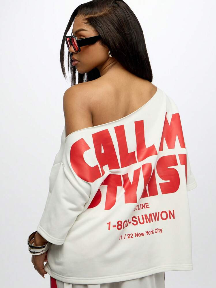 SUMWON WOMEN Graphic Off Shoulder Slouchy Oversized T-Shirt Retro Style Call Me Statement Streetwear City Night Life Collection Fall Winter | SHEIN