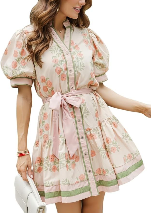 Womens Summer Floral Mini Dress V Neck Short Puff Sleeve Button Down Boho Dresses with Tie Waist | Amazon (US)