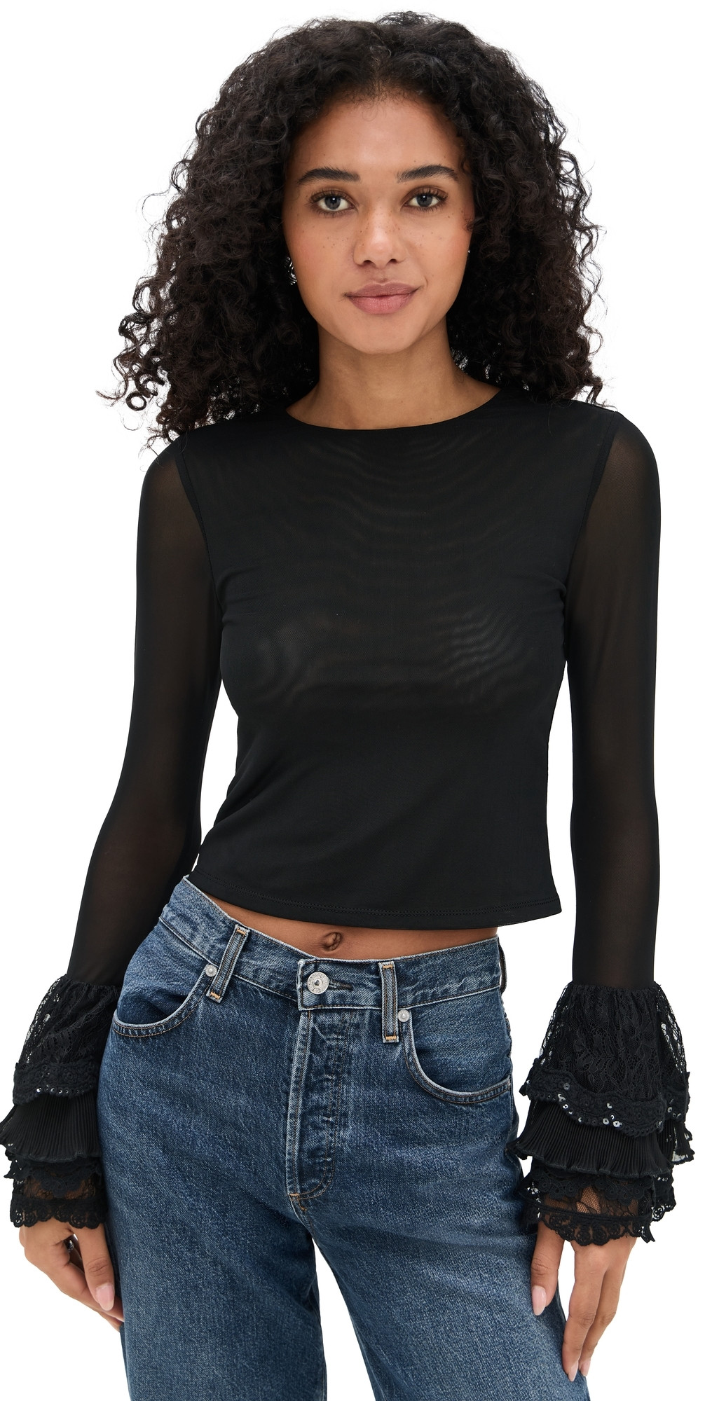 alice + olivia Delaina Crop Top with Ruffle Cuffs Black S | Shopbop