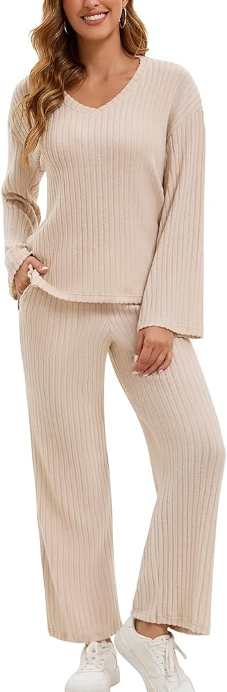 WOWENY Womens 2 Piece Outfits Lounge Sets With Pockets Long Sleeve V Neck Ribbed Pajama Sets Casu... | Amazon (US)