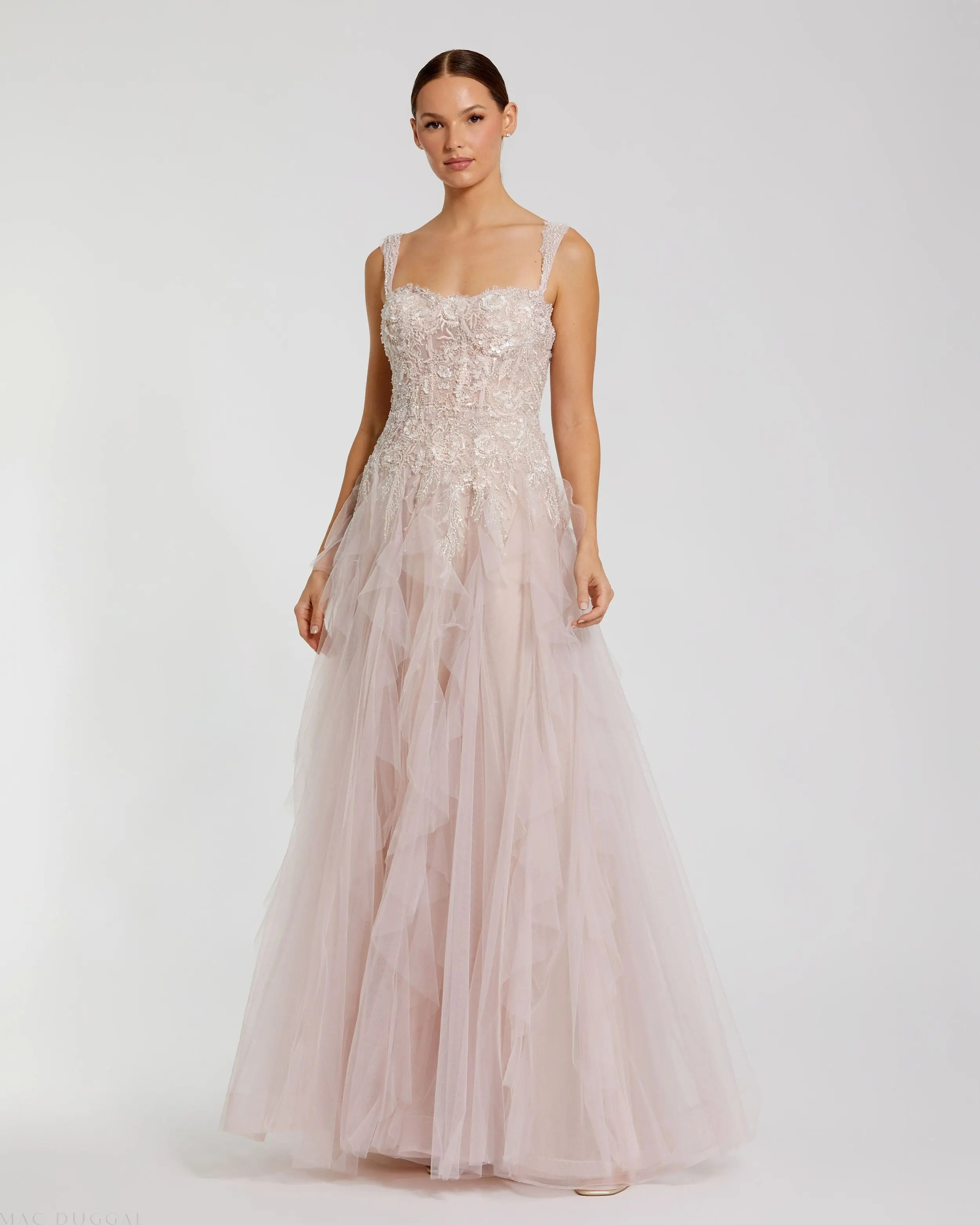 Pink Bustier Tulle Ballgown With Ruffle Skirt | Mac Duggal | Mac Duggal