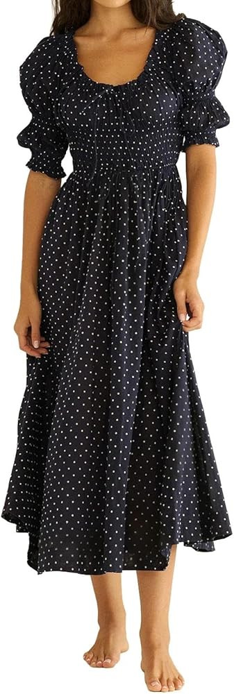 ABYOVRT Women Smocked Dresses Puff Sleeve Off Shoulder Flowy Midi Dress Baby Shower Summer Fall | Amazon (US)