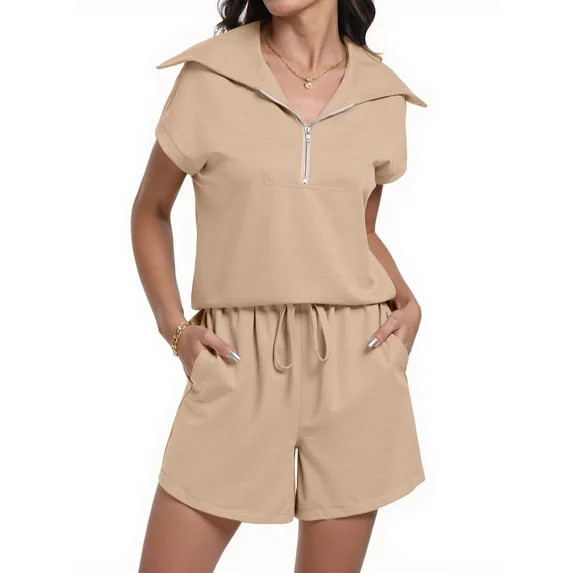 Fantaslook Womens 2 Pieces Outfits Half Zip Lapel Collar Lounge Set Cap Sleeve Summer Sets with P... | Walmart (US)
