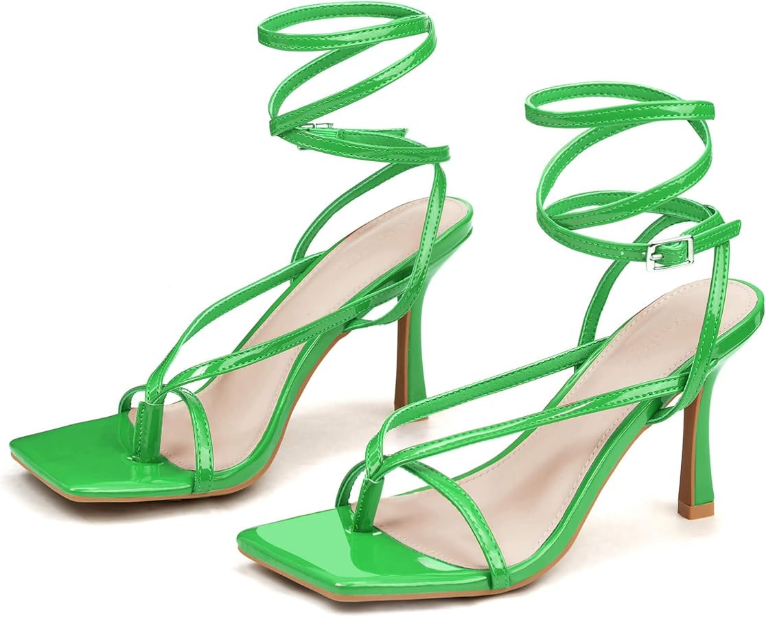 Coutgo Women's Lace Up Heeled Sandals Flip Flop Pumps Square Open Toe Strappy Stiletto Heels Summ... | Amazon (US)