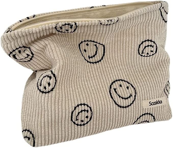 Cosmetic Bags for Women - Corduroy Cosmetic Bag Aesthetic Women Handbags Purses Smile Dots Makeup... | Amazon (US)