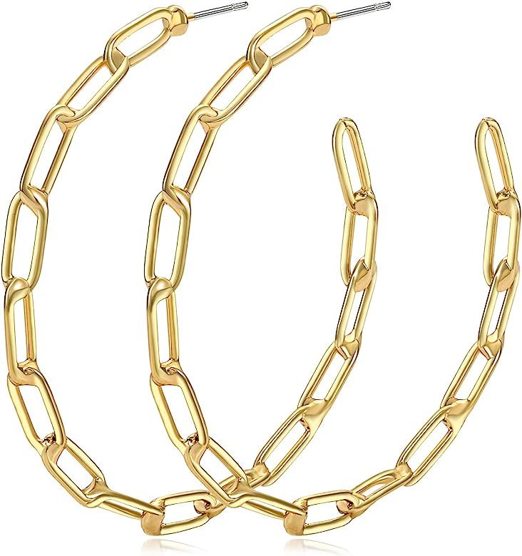 NLCAC 14K Gold Chain Hoop Earrings Chic Shiny Gold Paperclip Chain Link Big Hoop Earrings for Wom... | Amazon (US)