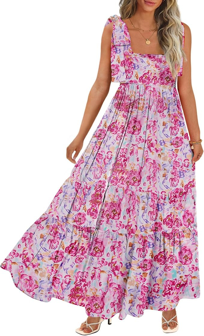 Women's Summer Maxi Dress Boho Spaghetti Straps Casual Long A-line Smocked Beach Dress Square Nec... | Amazon (US)