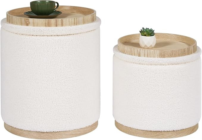 PINPLUS Round Ottoman with Storage Set of 2, Vanity Stool with Tray Storage for Bedroom, Small Te... | Amazon (US)