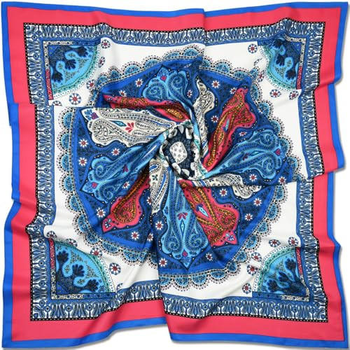 corciova XL Oversized Satin Scarf – 40x40 Amaranth Royal Blue Totem Print – Premium Silk Satin Scarf for Hair Wrap, Headband, Bandana & Fashion Accessory for Women | Amazon (US)