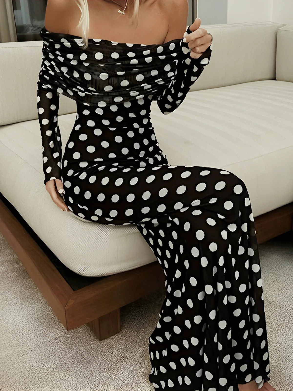 Long Sleeve Off-Shoulder Polka Dot Print Long Dress | Commense