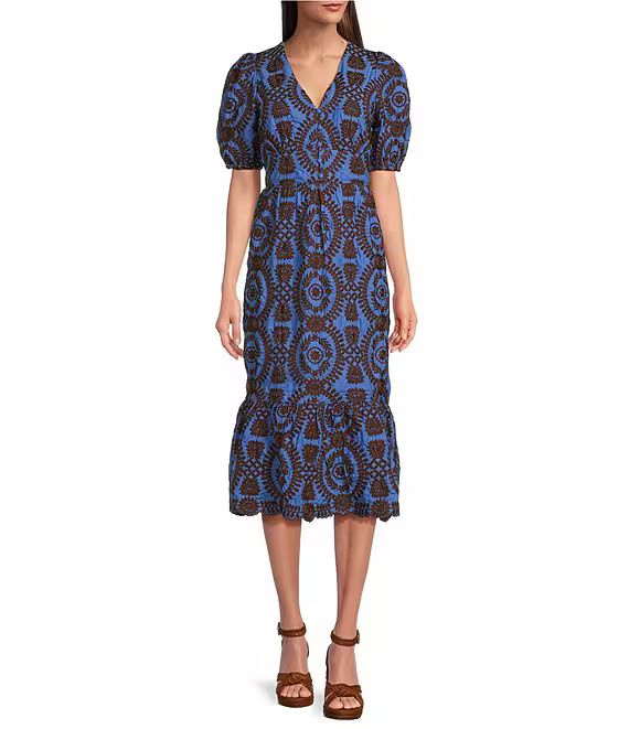 Eyelet Embroidered Puff Short Sleeve V-Neck Midi Dress | Dillard's