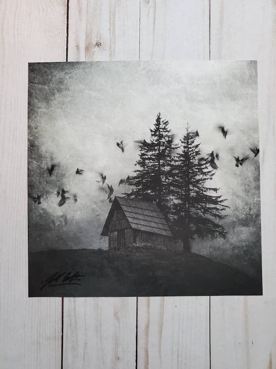 Cabin Art Print Black and White 8x8 Forest Bird Art Spooky - Etsy | Etsy (US)
