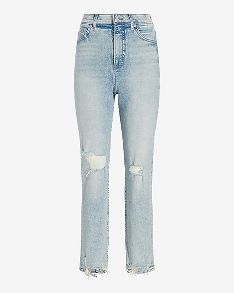 Super High Waisted Light Wash Distressed Slim Jeans | Express