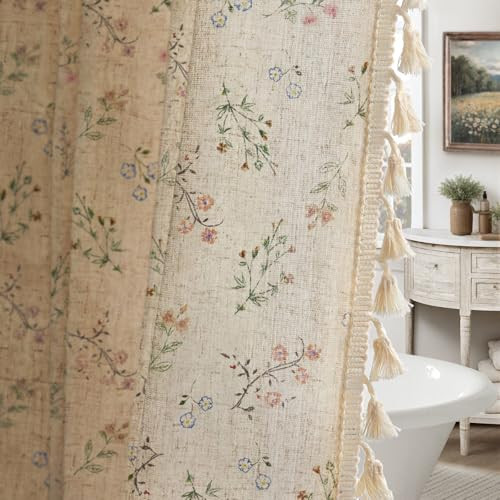 XOGUIBO Floral Vintage Linen Shower Curtain, French Country Shower Curtains for Bathroom with Tassels, 60Wx72H | Amazon (US)